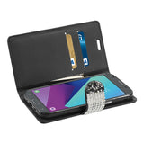 Reiko Samsung Galaxy J3 Emerge Diamond Rhinestone Wallet Case in Black | MaxStrata