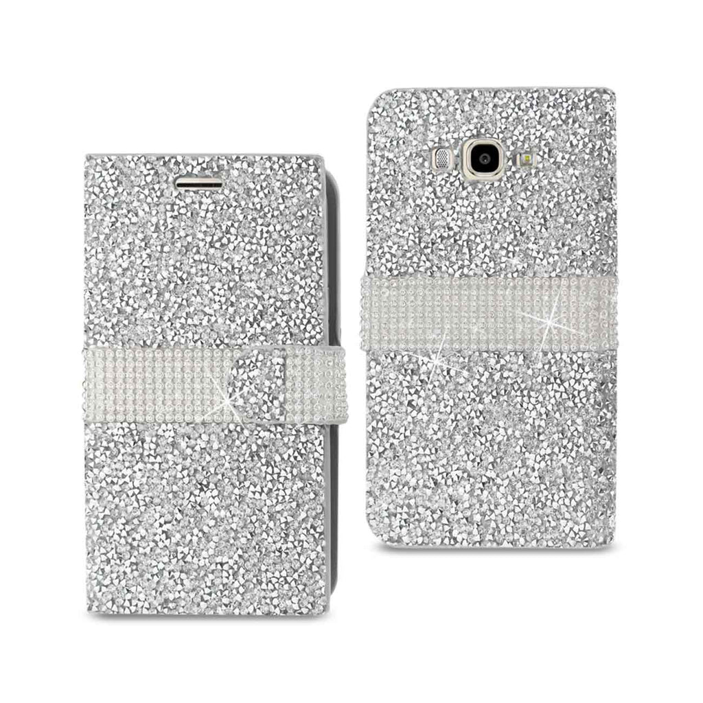 Reiko Samsung Galaxy J7 Diamond Rhinestone Wallet Case in Silver | MaxStrata