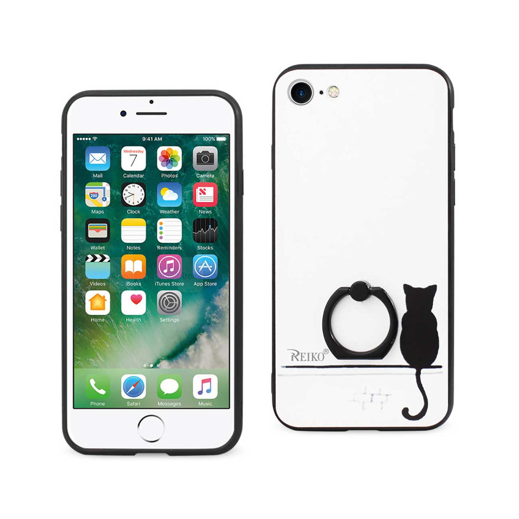 Reiko iPhone 7/8/SE2 Cat Shadow Design Case with Rotating Ring Stand Holder in White | MaxStrata