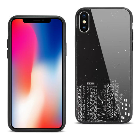 Reiko iPhone X Hard Glass Design TPU Case with Night Skyline Design in Black | MaxStrata