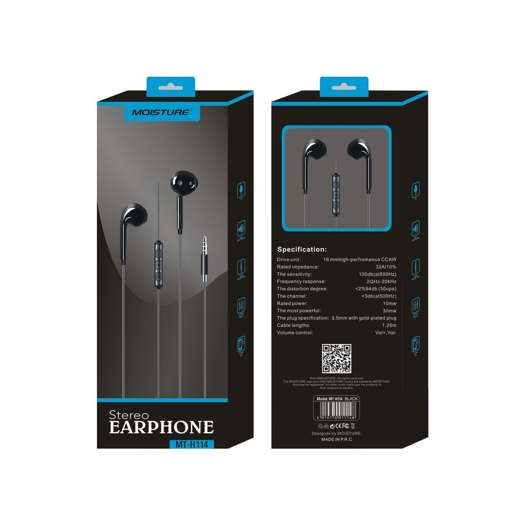 Reiko Moisture MT-H114 Stereo Earphones in Black | MaxStrata