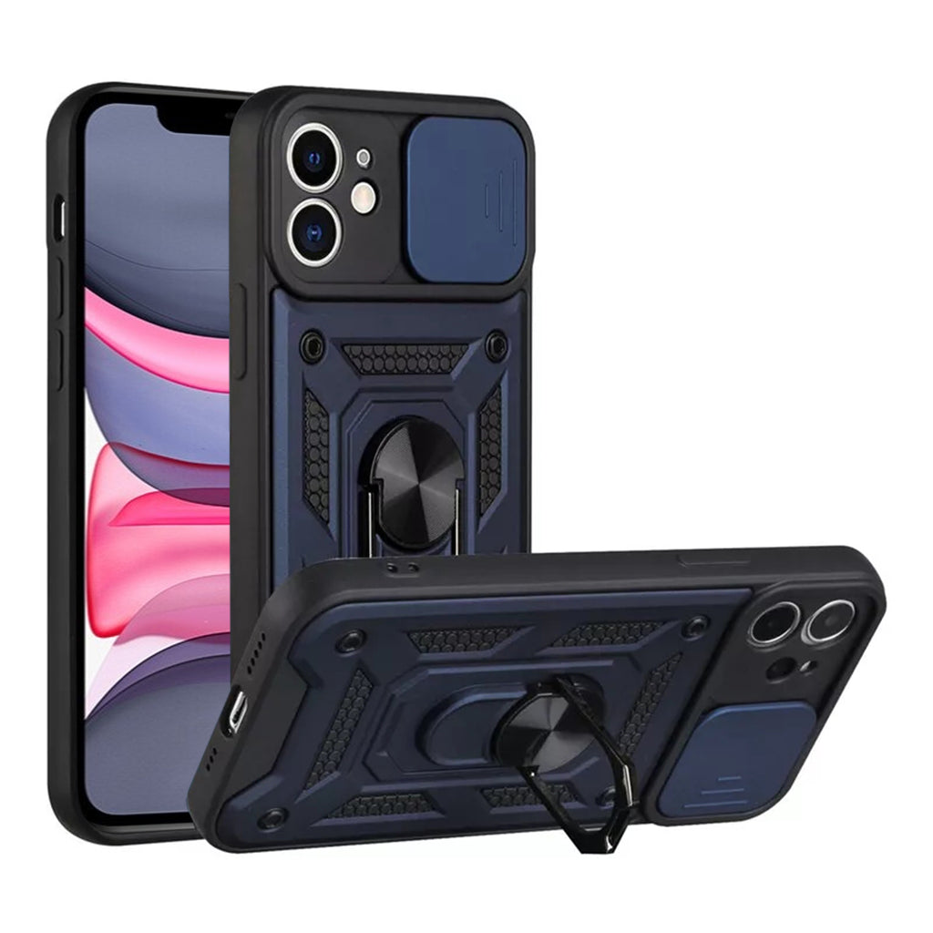 Reiko Kickstand Ring Holder with Slide Camera Cover TPU Shockproof Case & Magnetic Car Mount for Apple iPhone 11 in Blue | MaxStrata