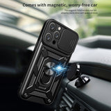 Reiko Kickstand Ring Holder with Slide Camera Cover TPU Magnetic Car Mount for Apple iPhone 14 Pro Max in Black | MaxStrata