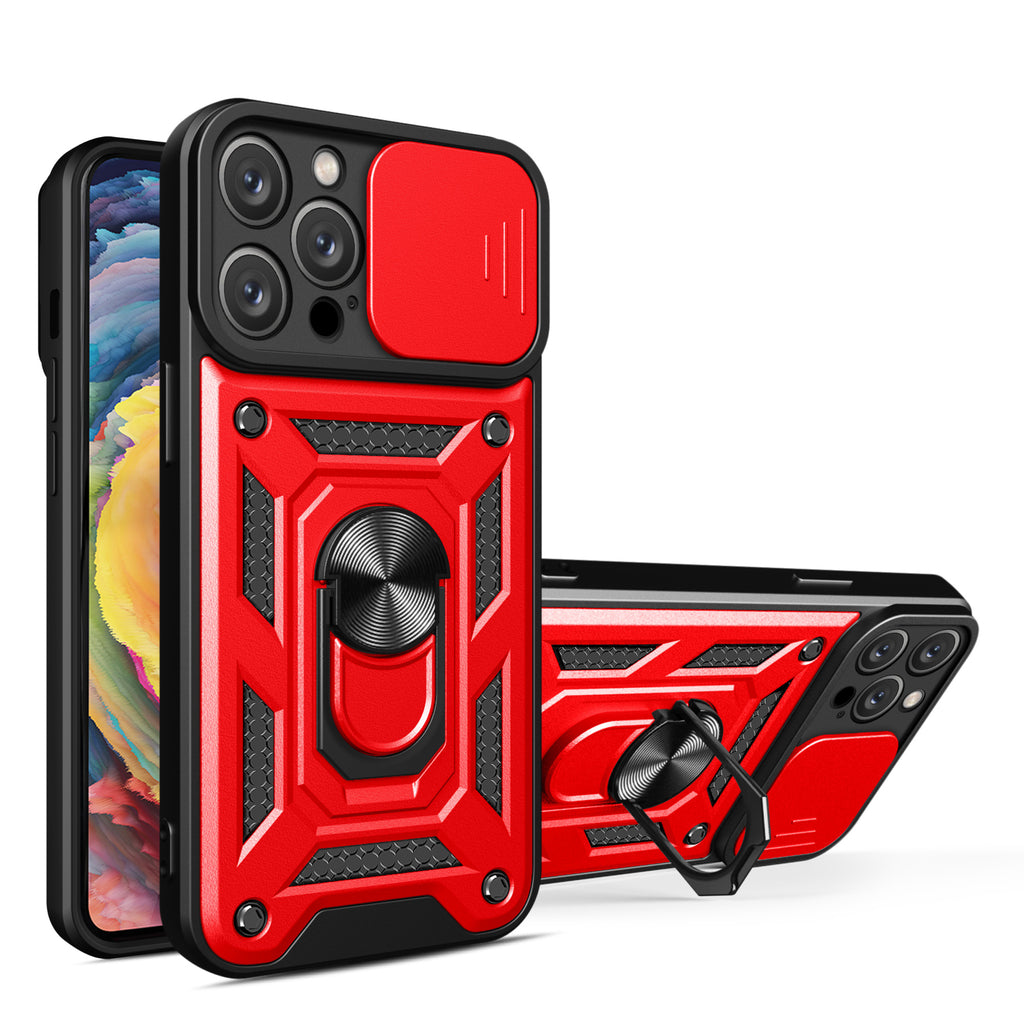 Reiko Kickstand Ring Holder with Slide Camera Cover TPU Magnetic Car Mount for Apple iPhone 14 Pro Max in Red | MaxStrata