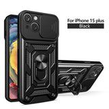 Reiko Kickstand Ring Holder with Slide Camera Cover TPU Magnetic Car Mount for Apple iPhone 15 Plus in Black | MaxStrata