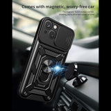 Reiko Kickstand Ring Holder with Slide Camera Cover TPU Magnetic Car Mount for Apple iPhone 15 Plus in Black | MaxStrata