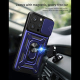 Reiko Kickstand Ring Holder with Slide Camera Cover TPU Magnetic Car Mount for Apple iPhone 15 Pro in Blue | MaxStrata