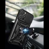 Reiko Kickstand Ring Holder with Slide Camera Cover TPU Magnetic Car Mount for Apple iPhone 15 Pro Max in Black | MaxStrata