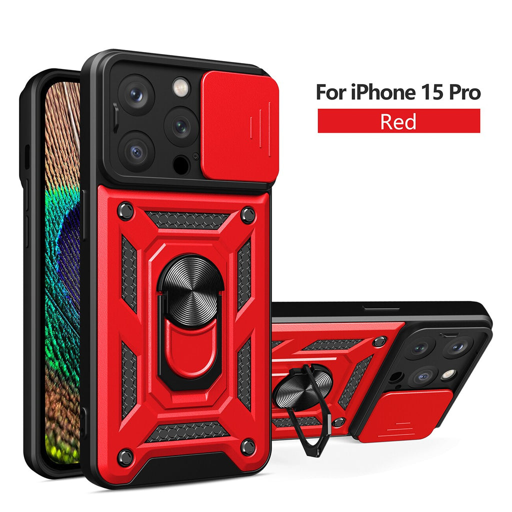 Reiko Kickstand Ring Holder with Slide Camera Cover TPU Magnetic Car Mount for Apple iPhone 15 Pro in Red | MaxStrata