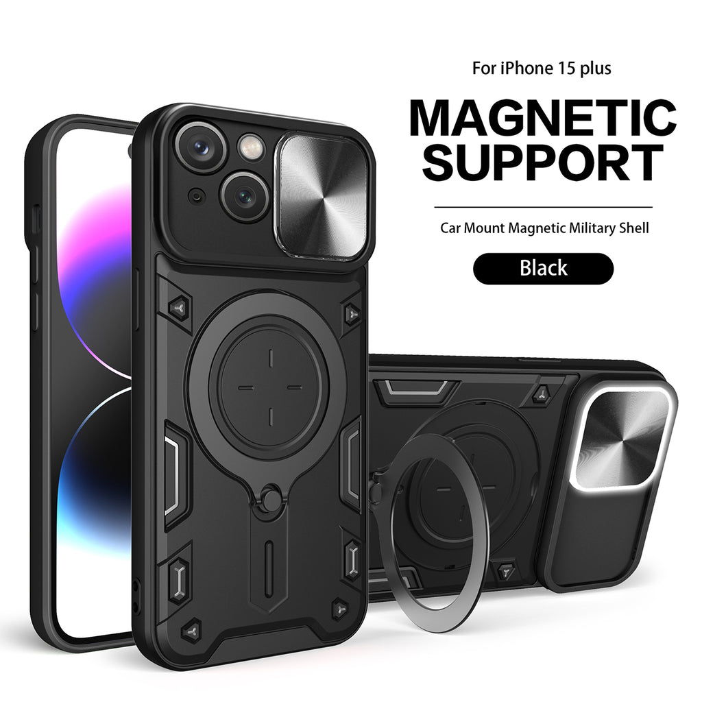 Reiko TPU PC Shockproof Magnetic Phone Case with Free Adjustment Ring Holder for iPhone 15 Plus in Black | MaxStrata