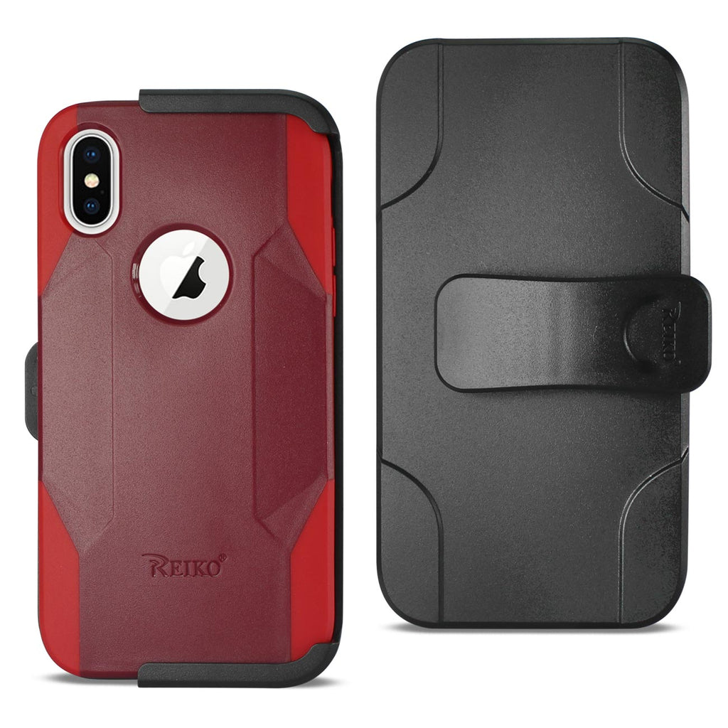 Reiko iPhone X/iPhone XS 3-in-1 Hybrid Heavy Duty Holster Combo Case in Burgundy | MaxStrata