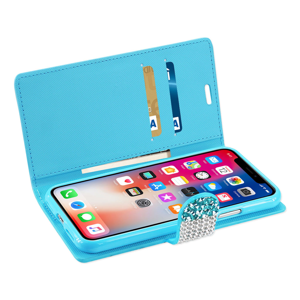 Reiko iPhone X/iPhone XS Diamond Rhinestone Wallet Case in Blue | MaxStrata