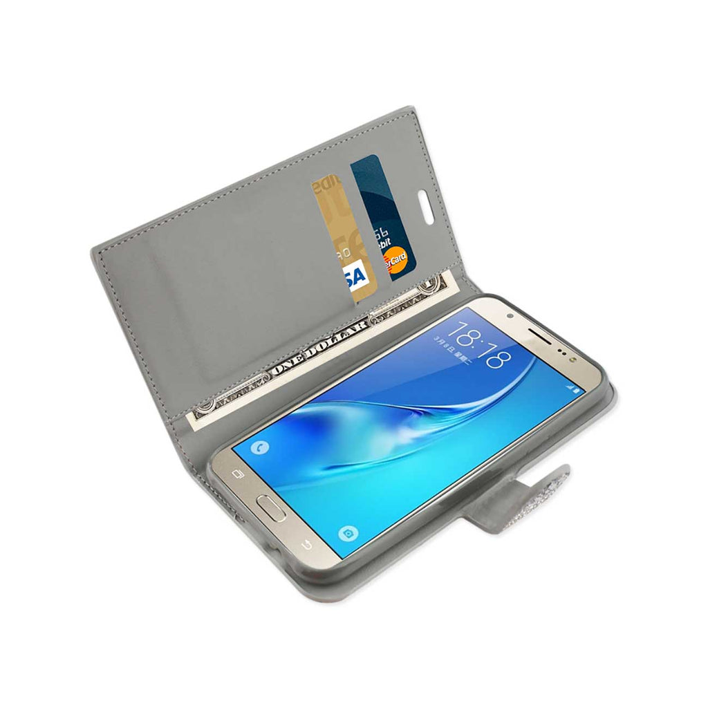 Reiko Samsung Galaxy J7 Diamond Rhinestone Wallet Case in Silver | MaxStrata