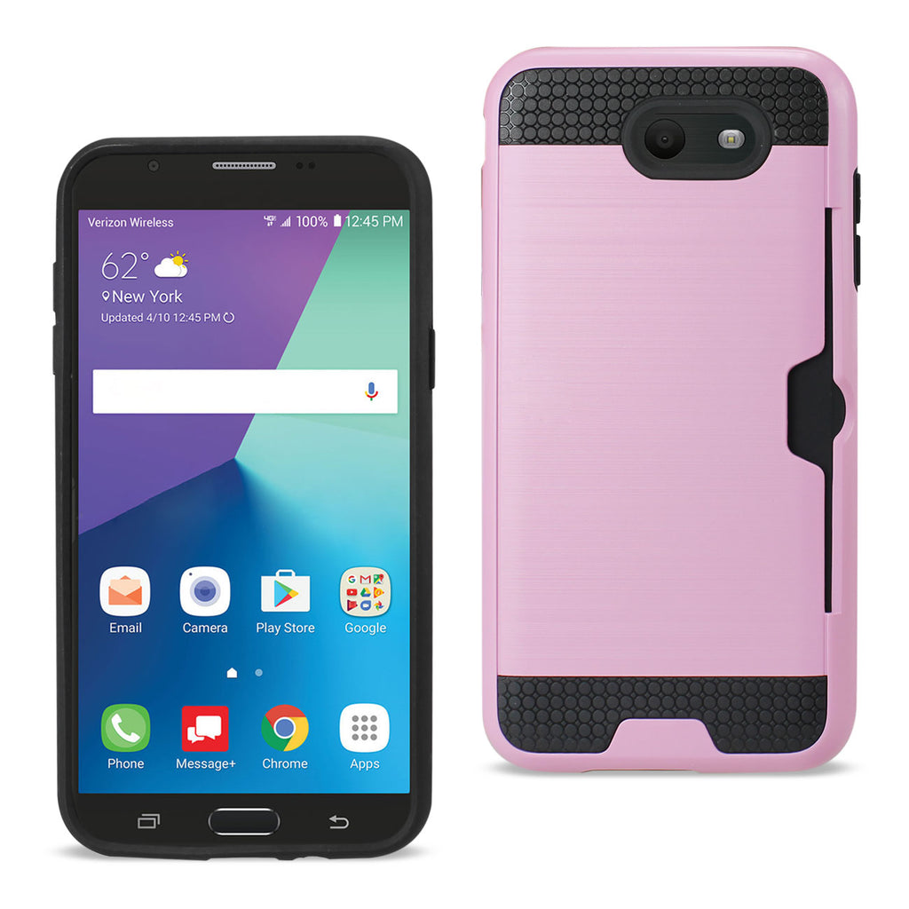 Reiko Samsung Galaxy J7 V (2017) Slim Armor Hybrid Case with Card Holder in Pink | MaxStrata
